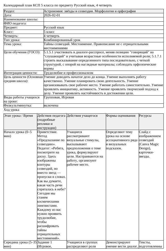 КСП Русский язык 5 класс 4 четверть Тайны созвездий Местоимение Правописание (урок 1)