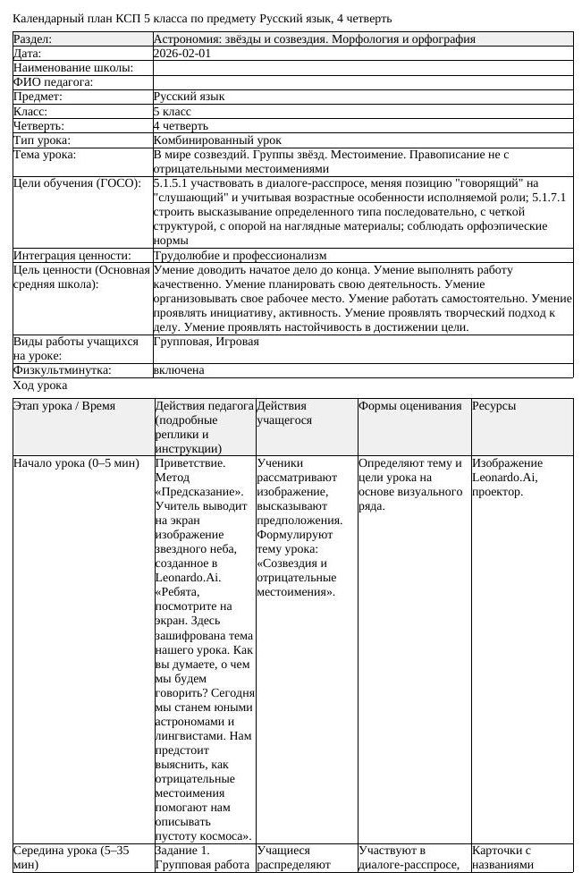 КСП Русский язык 5 класс 4 четверть В мире созвездий Группы звёзд (урок 2)