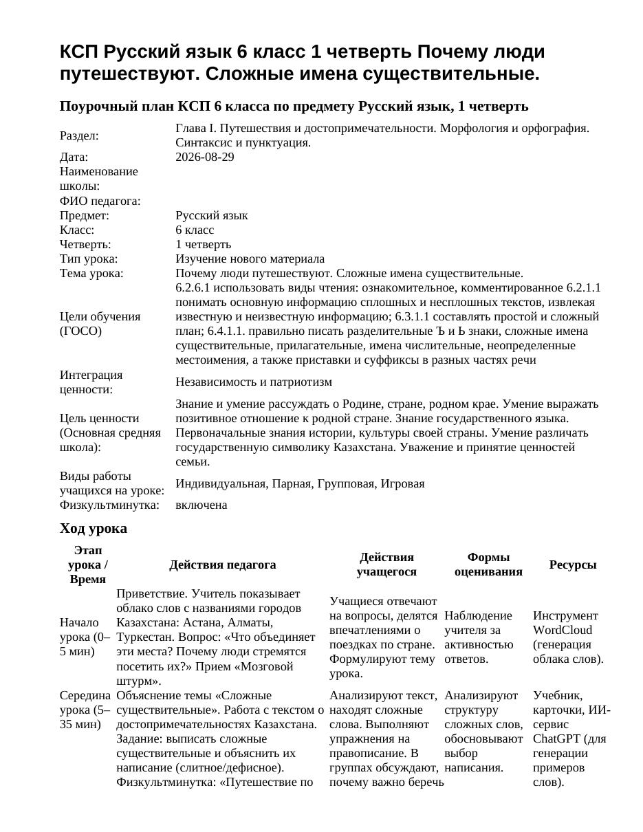 КСП Русский язык 6 класс 1 четверть Почему люди путешествуют. Сложные имена существительные.