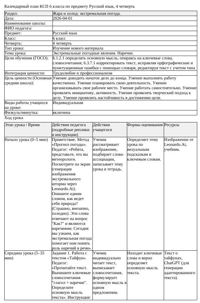 КСП Русский язык 6 класс 4 четверть Экстремальные погодные явления (урок 2)
