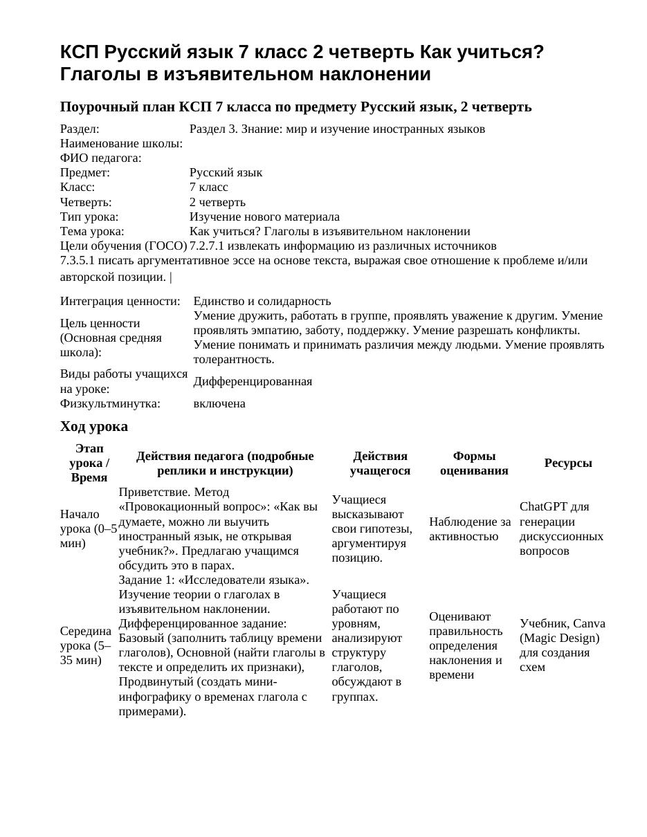 КСП Русский язык 7 класс 2 четверть Как учиться? Глаголы в изъявительном наклонении