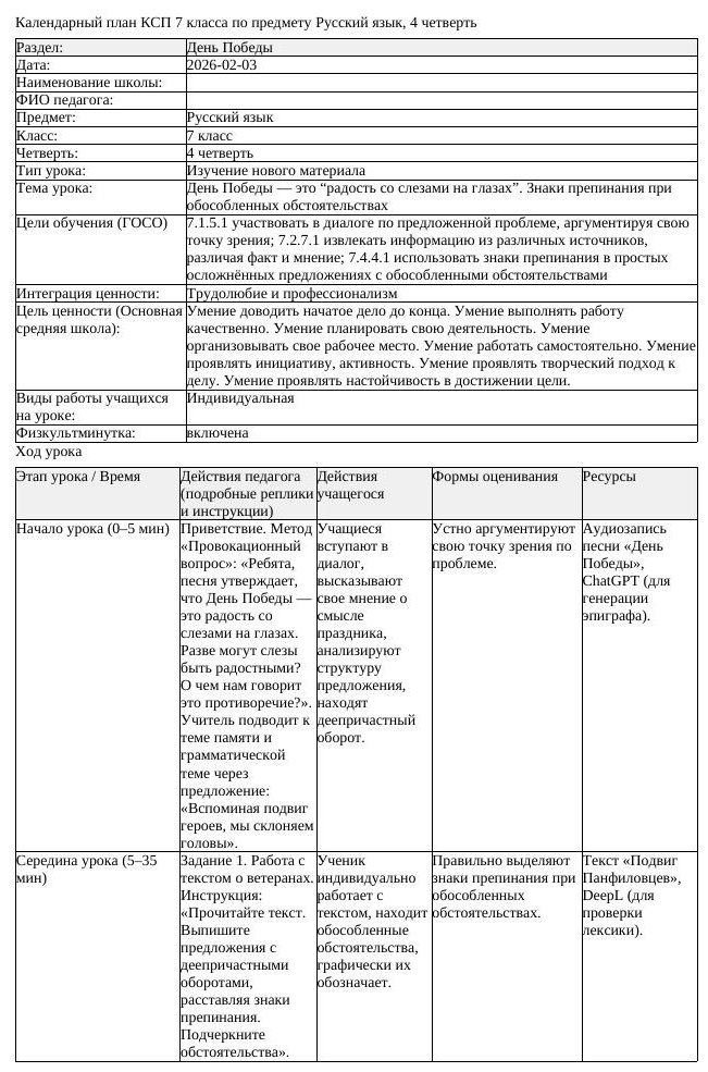 КСП Русский язык 7 класс 4 четверть День Победы это радость со слезами (урок 1)
