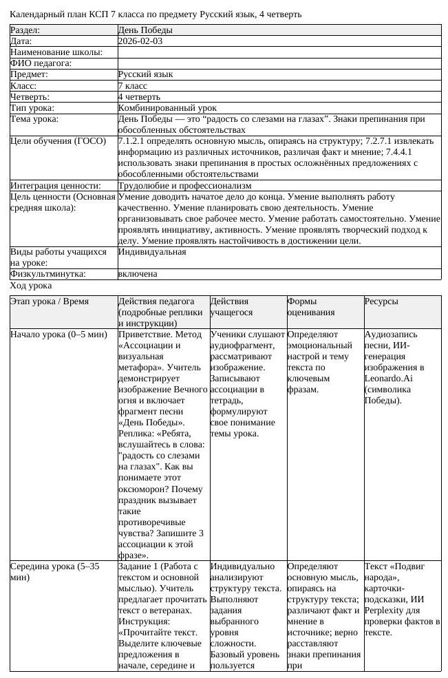 КСП Русский язык 7 класс 4 четверть День Победы это радость со слезами (урок 2)