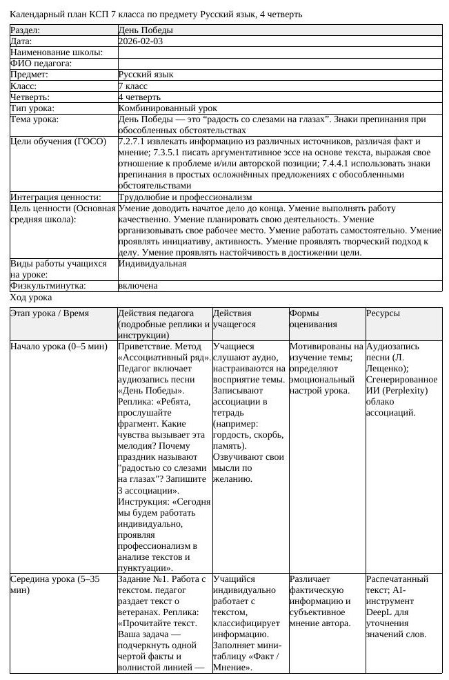 КСП Русский язык 7 класс 4 четверть День Победы это радость со слезами (урок 3)
