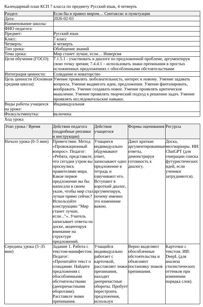 КСП Русский язык 7 класс 4 четверть Если бы я правил миром Синтаксис (урок 2)