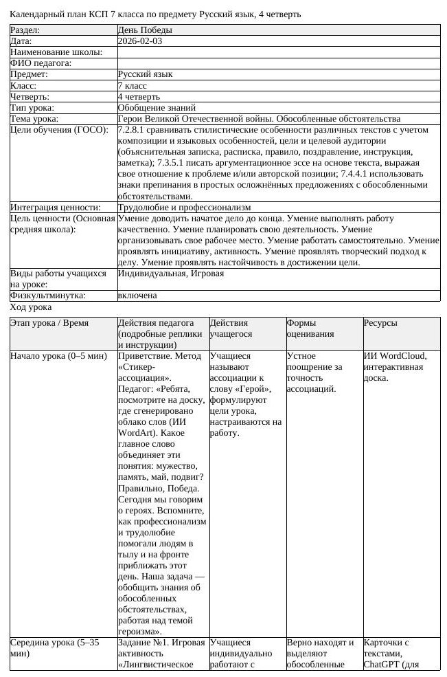 КСП Русский язык 7 класс 4 четверть Герои Великой Отечественной войны (урок 5)