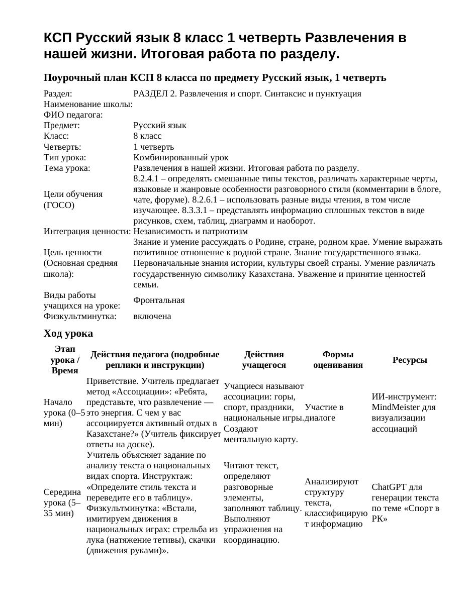 КСП Русский язык 8 класс 1 четверть Развлечения в нашей жизни. Итоговая работа по разделу.