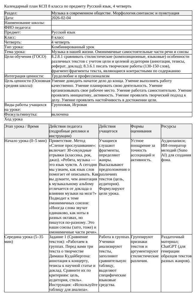 КСП Русский язык 8 класс 4 четверть Музыка в нашей жизни Омонимичные