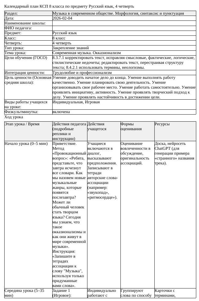 КСП Русский язык 8 класс 4 четверть Современная музыка Окказионализм