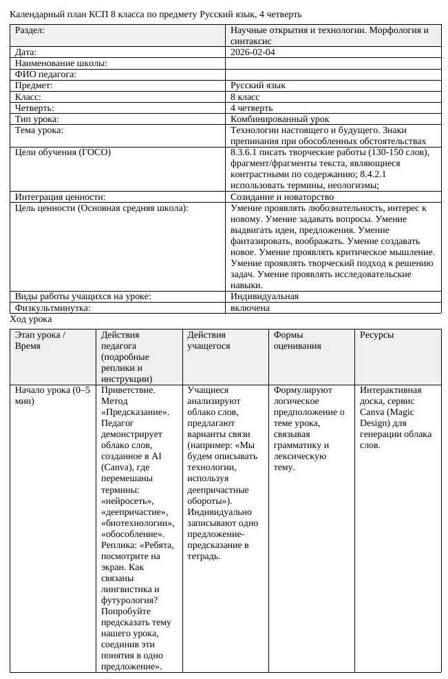 КСП Русский язык 8 класс 4 четверть Технологии настоящего и будущего (урок 2)