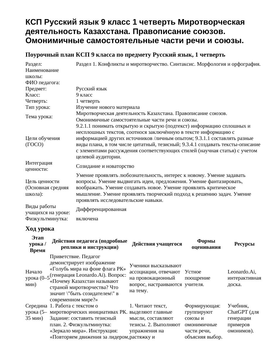 КСП Русский язык 9 класс 1 четверть Миротворческая деятельность Казахстана. Правописание союзов. Омонимичные самостоятельные части речи и союзы.