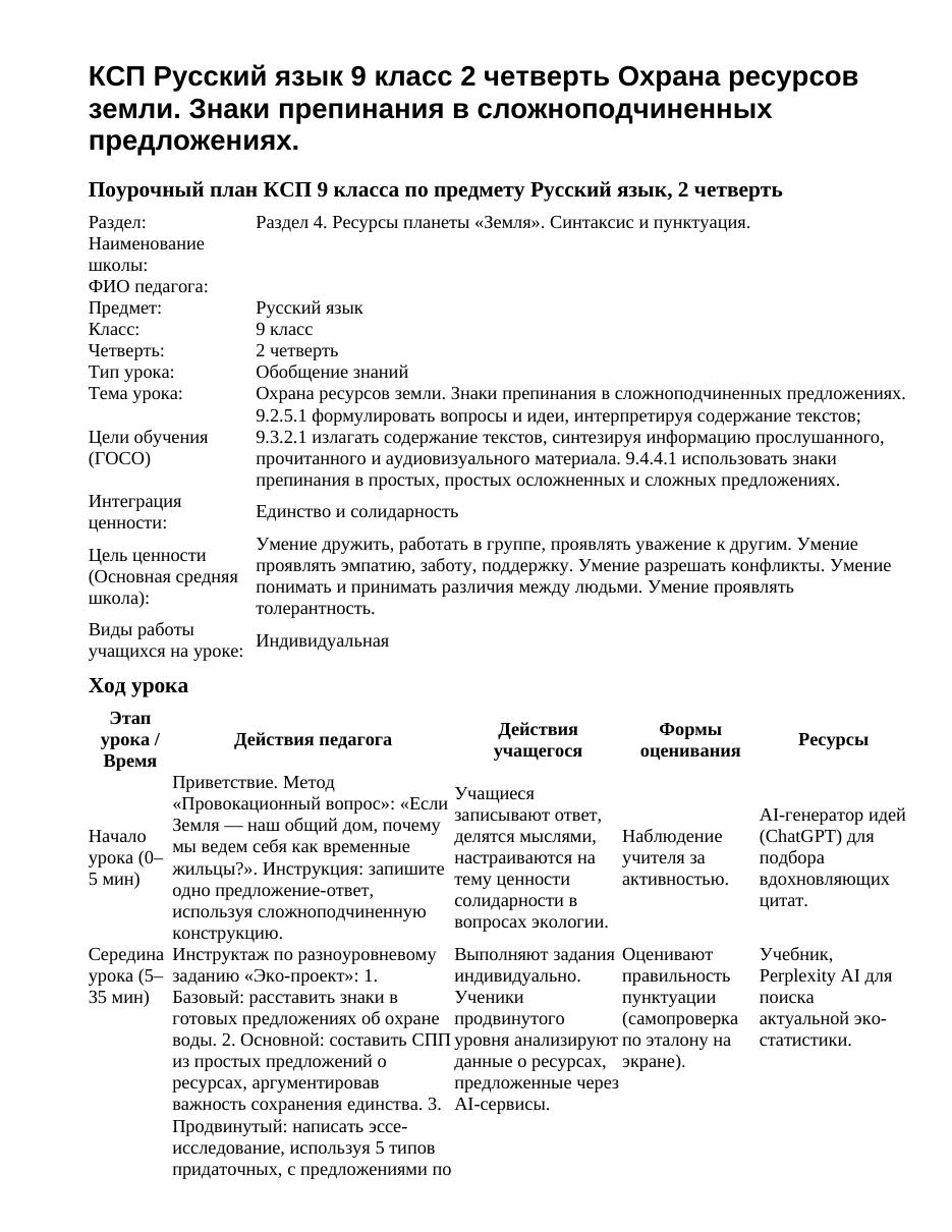 КСП Русский язык 9 класс 2 четверть Охрана ресурсов земли. Знаки препинания в сложноподчиненных предложениях.