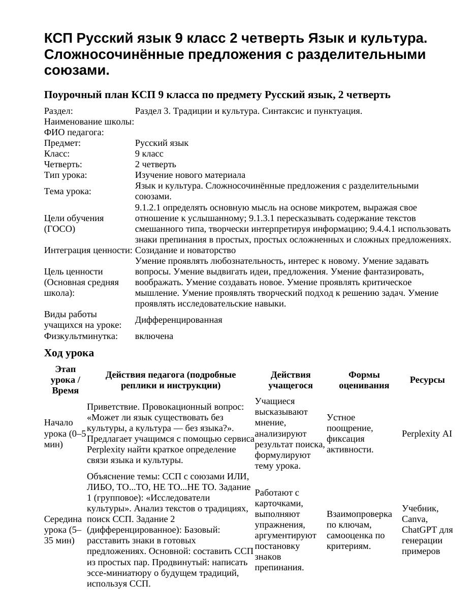 КСП Русский язык 9 класс 2 четверть Язык и культура. Сложносочинённые предложения с разделительными союзами.