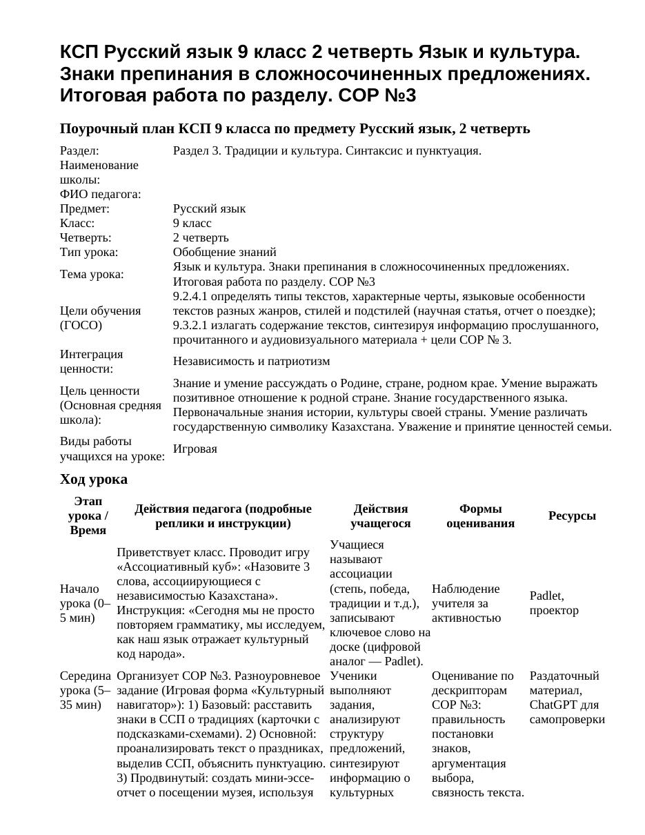 КСП Русский язык 9 класс 2 четверть Язык и культура. Знаки препинания в сложносочиненных предложениях. Итоговая работа по разделу. СОР №3