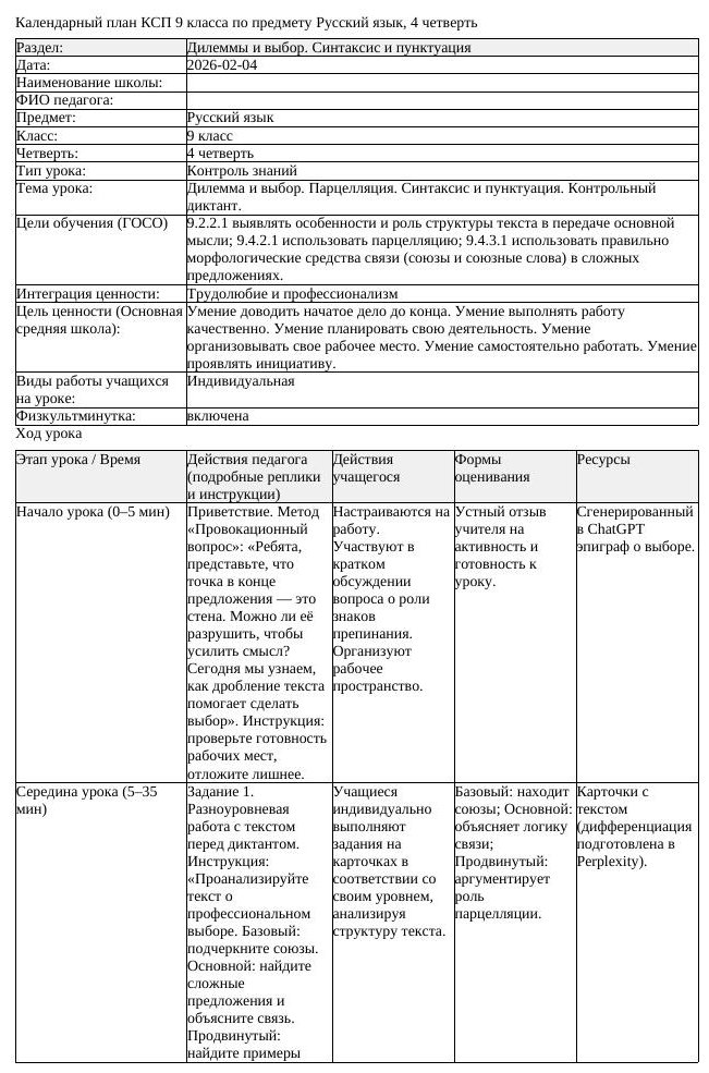 КСП Русский язык 9 класс 4 четверть Дилемма и выбор Парцелляция Синтаксис