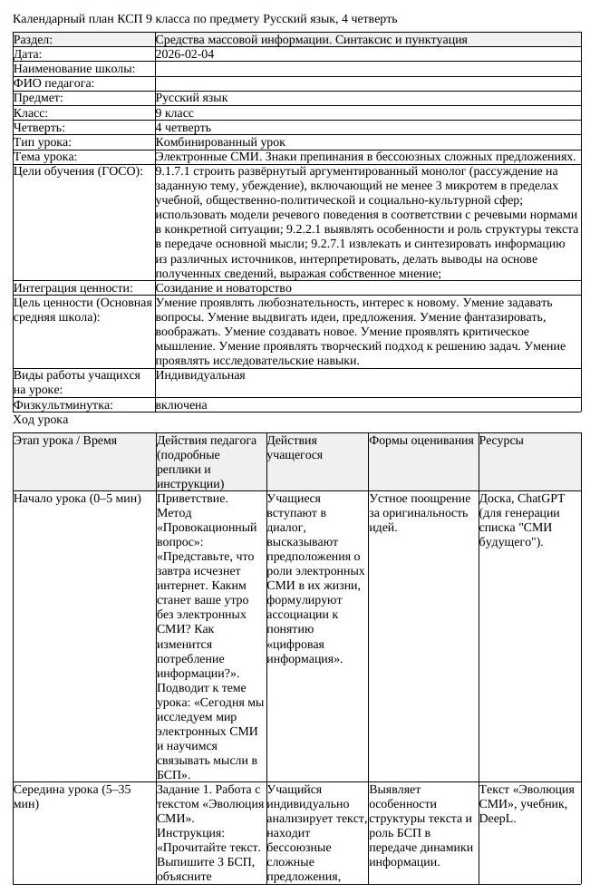 КСП Русский язык 9 класс 4 четверть Электронные СМИ Знаки препинания (урок 1)
