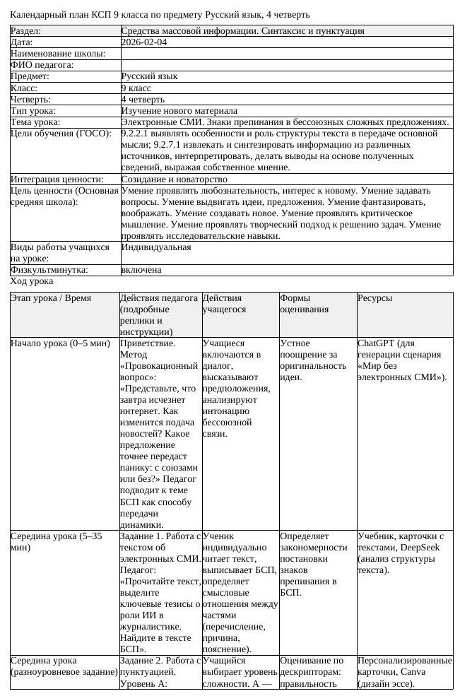 КСП Русский язык 9 класс 4 четверть Электронные СМИ Знаки препинания (урок 2)