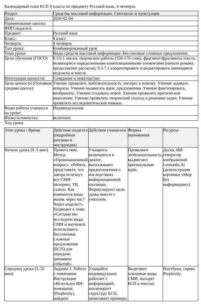 КСП Русский язык 9 класс 4 четверть Виды средств массовой информации (урок 1)