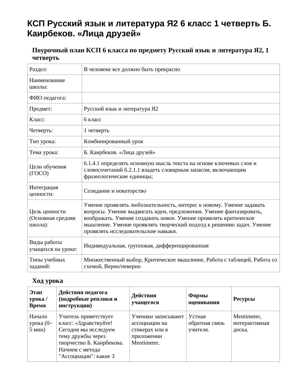 КСП Русский язык и литература Я2 6 класс 1 четверть Б. Каирбеков. «Лица друзей»