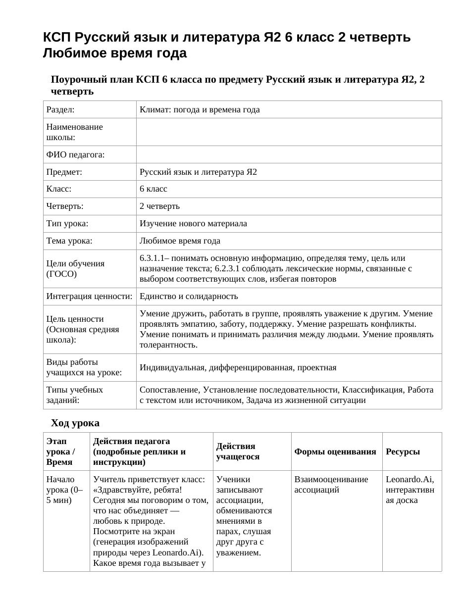 КСП Русский язык и литература Я2 6 класс 2 четверть Любимое время года