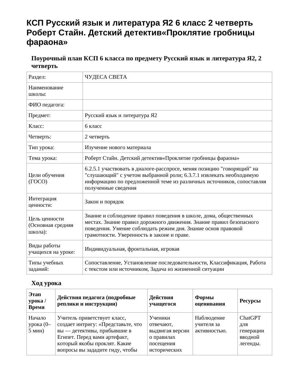 КСП Русский язык и литература Я2 6 класс 2 четверть Роберт Стайн. Детский детектив«Проклятие гробницы фараона»