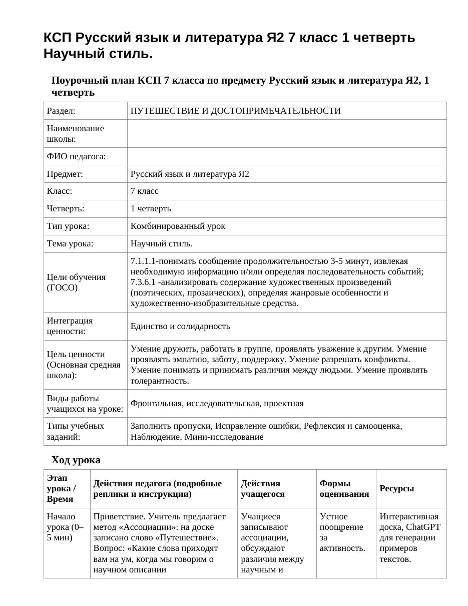КСП Русский язык и литература Я2 7 класс 1 четверть Научный стиль.