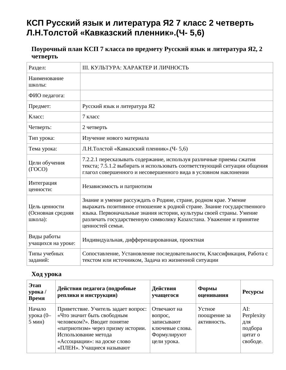 КСП Русский язык и литература Я2 7 класс 2 четверть Л.Н.Толстой «Кавказский пленник».(Ч- 5,6)