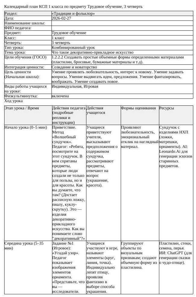 КСП Трудовое обучение 1 класс 3 четверть Что такое декоративно прикладное