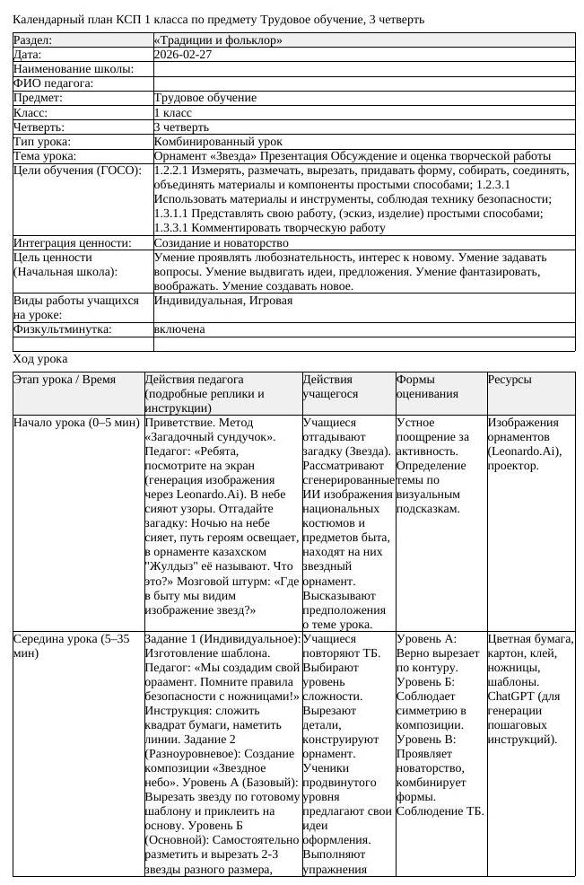 КСП Трудовое обучение 1 класс 3 четверть Орнамент Звезда Презентация