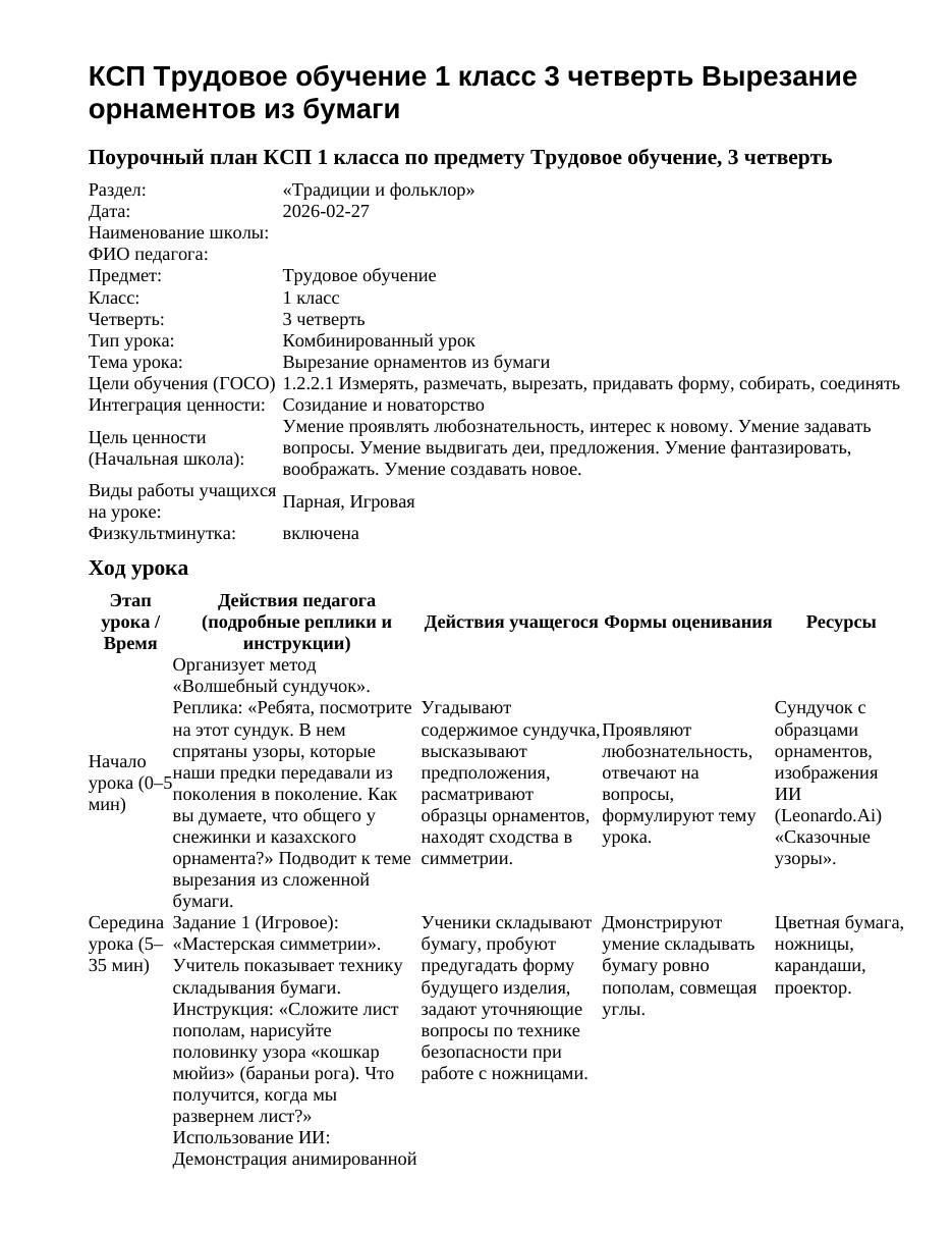 КСП Трудовое обучение 1 класс 3 четверть Вырезание орнаментов из бумаги