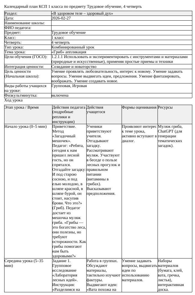 КСП Трудовое обучение 1 класс 4 четверть Гриб аппликация