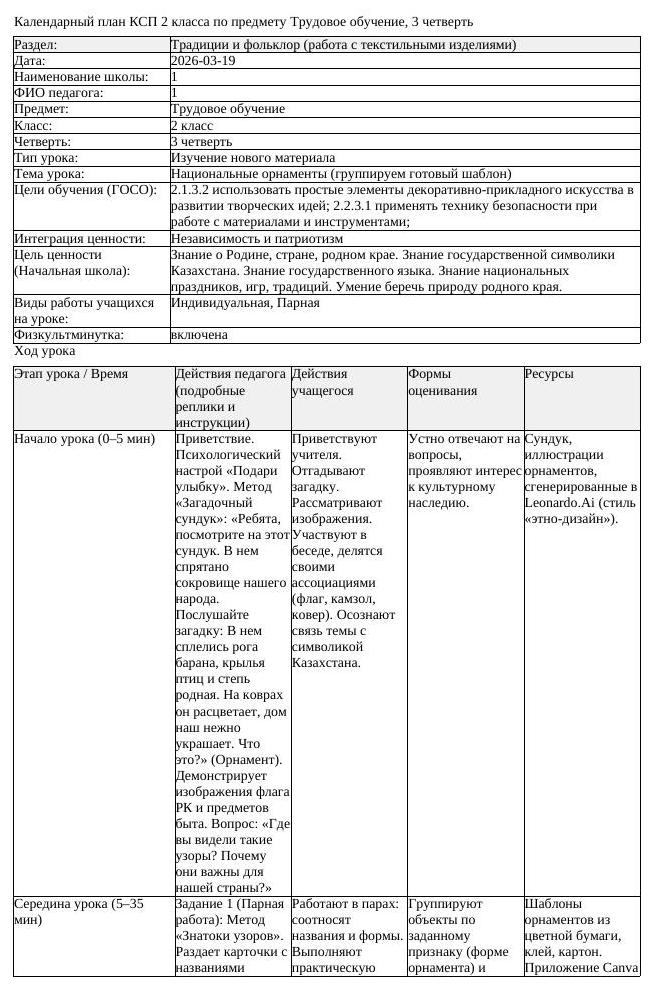 КСП Трудовое обучение 2 класс 3 четверть Национальные орнаменты группируем