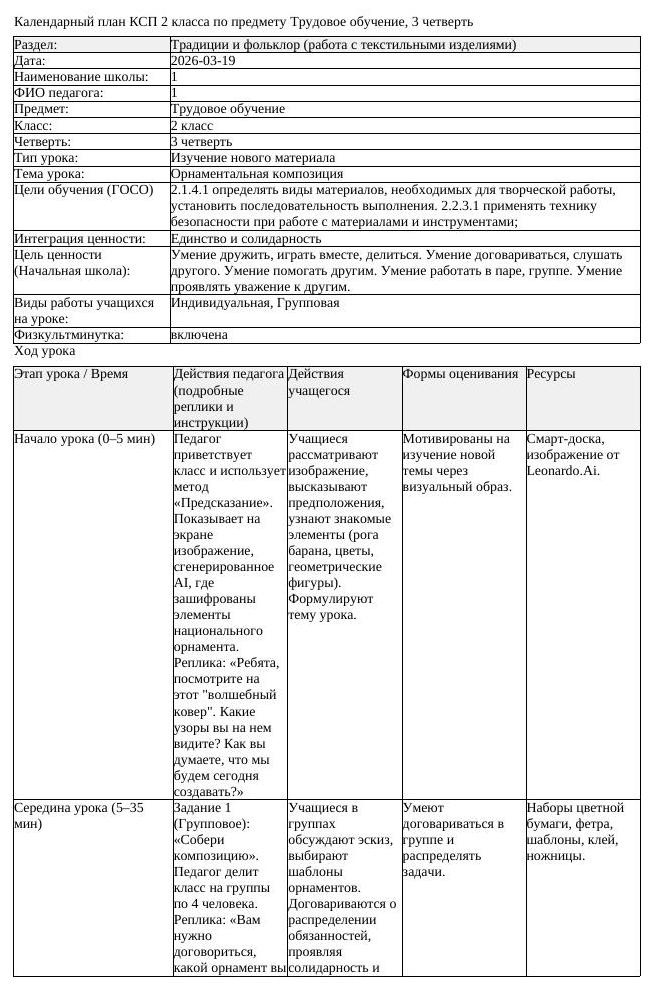 КСП Трудовое обучение 2 класс 3 четверть Орнаментальная композиция