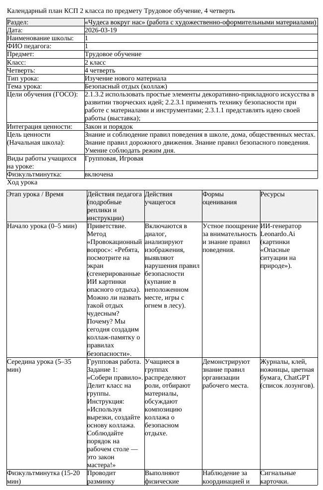 КСП Трудовое обучение 2 класс 4 четверть Безопасный отдых коллаж