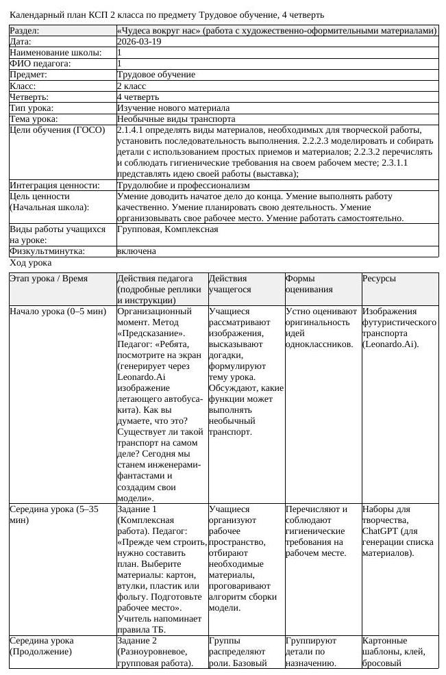 КСП Трудовое обучение 2 класс 4 четверть Необычные виды транспорта