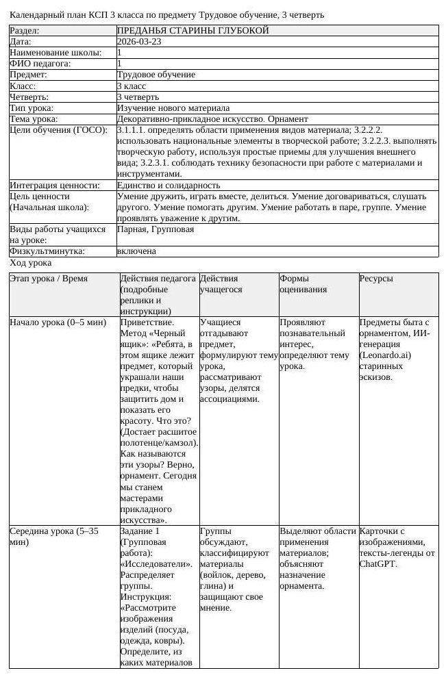 КСП Трудовое обучение 3 класс 3 четверть Декоративно прикладное искусство (урок 3)