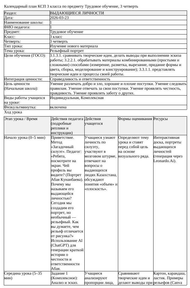 КСП Трудовое обучение 3 класс 3 четверть Рельефный портрет (урок 1)
