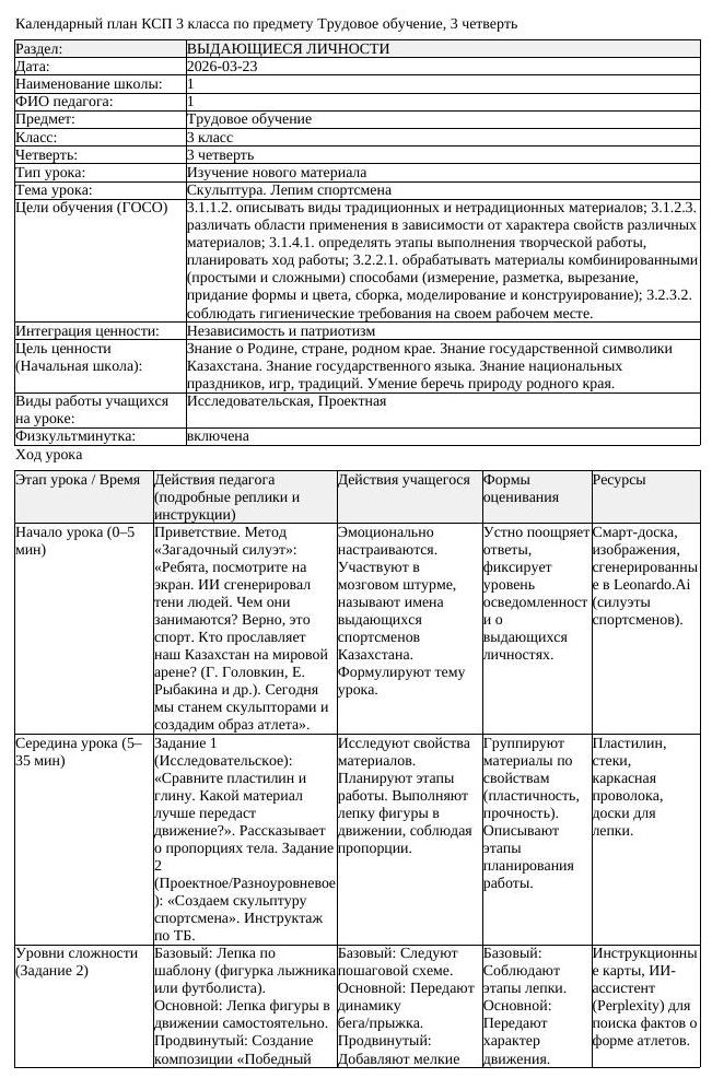 КСП Трудовое обучение 3 класс 3 четверть Скульптура Лепим спортсмена