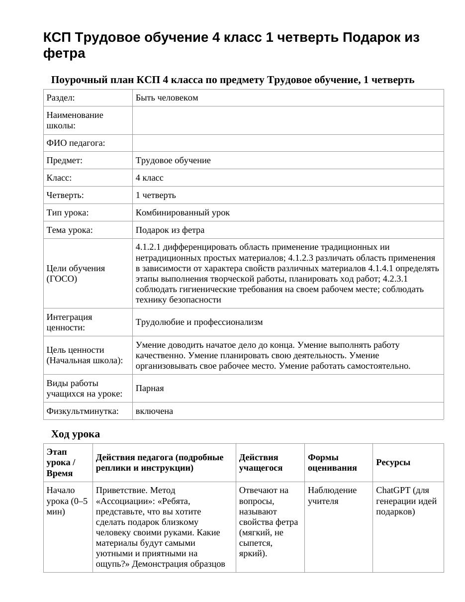 КСП Трудовое обучение 4 класс 1 четверть Подарок из фетра