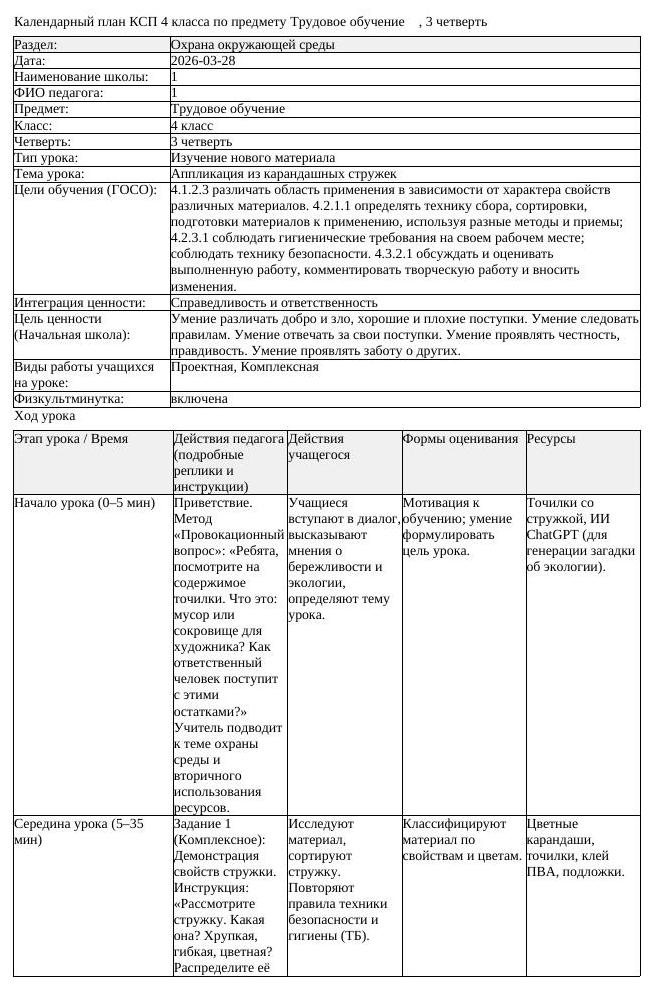 КСП Трудовое обучение 4 класс 3 четверть Аппликация из карандашных