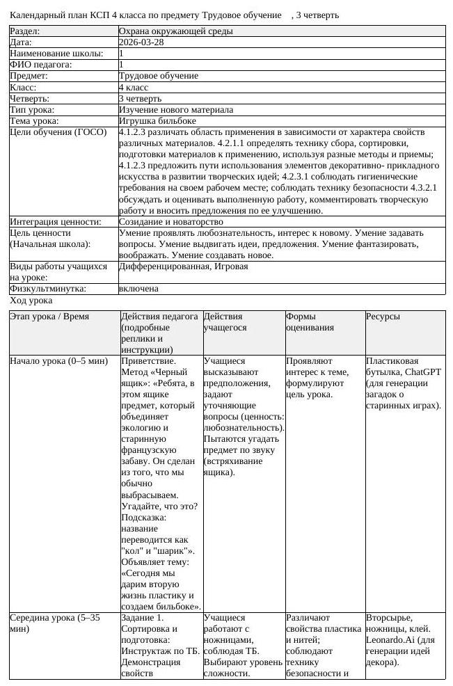 КСП Трудовое обучение 4 класс 3 четверть Игрушка бильбоке (урок 1)