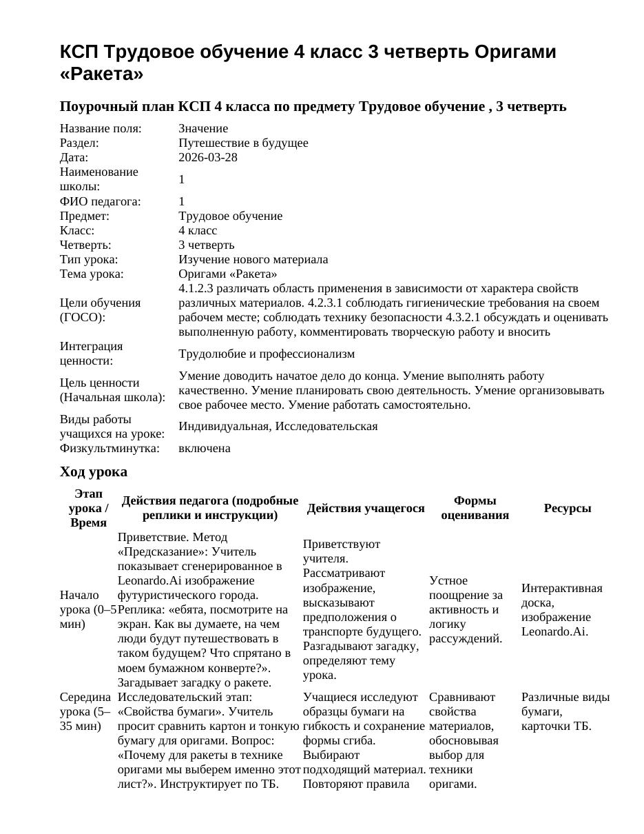 КСП Трудовое обучение 4 класс 3 четверть Оригами «Ракета»