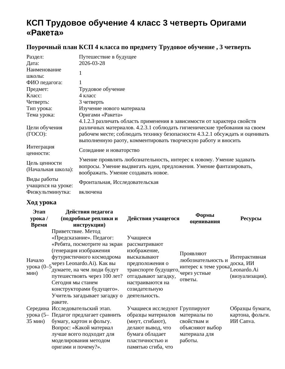 КСП Трудовое обучение 4 класс 3 четверть Оригами «Ракета»
