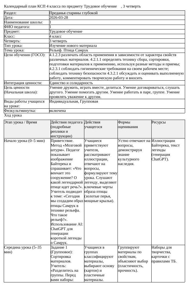 КСП Трудовое обучение 4 класс 3 четверть Рельеф Птица Самрук