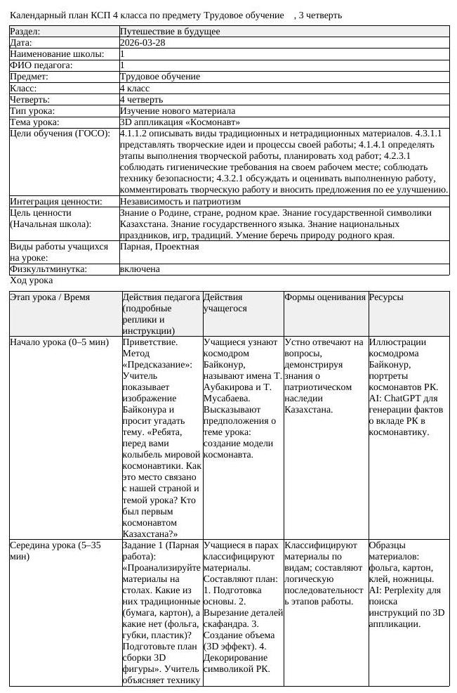 КСП Трудовое обучение 4 класс 4 четверть 3D аппликация Космонавт