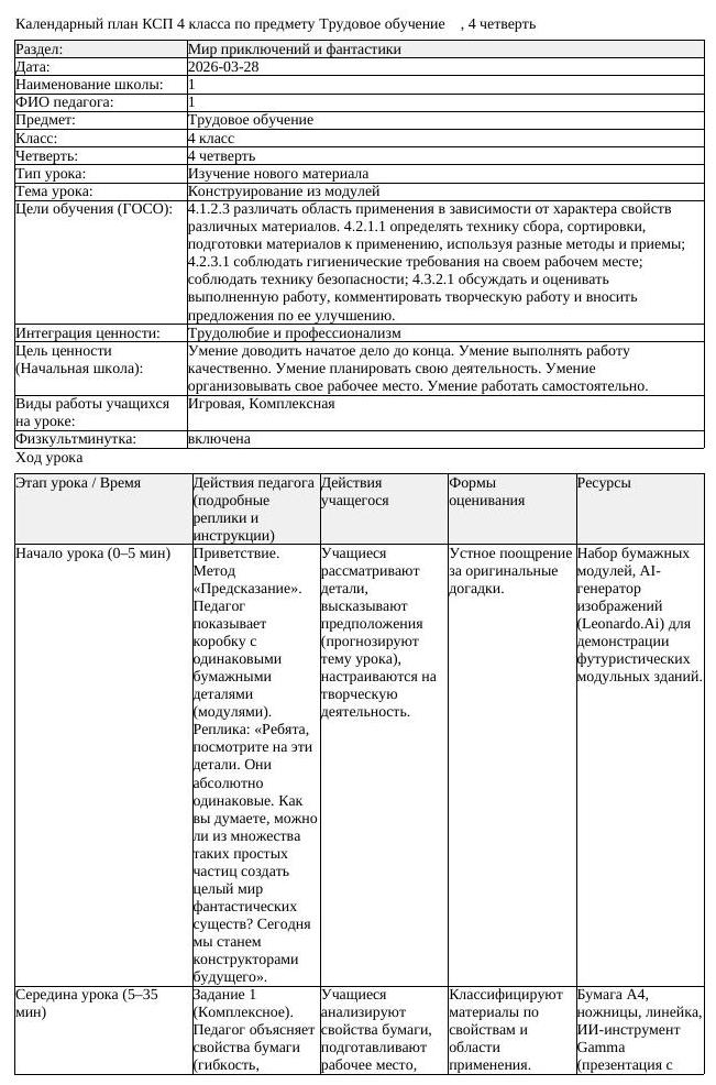 КСП Трудовое обучение 4 класс 4 четверть Конструирование из модулей (урок 1)