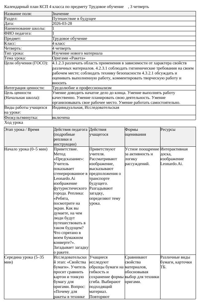 КСП Трудовое обучение 4 класс 4 четверть Оригами Ракета docx