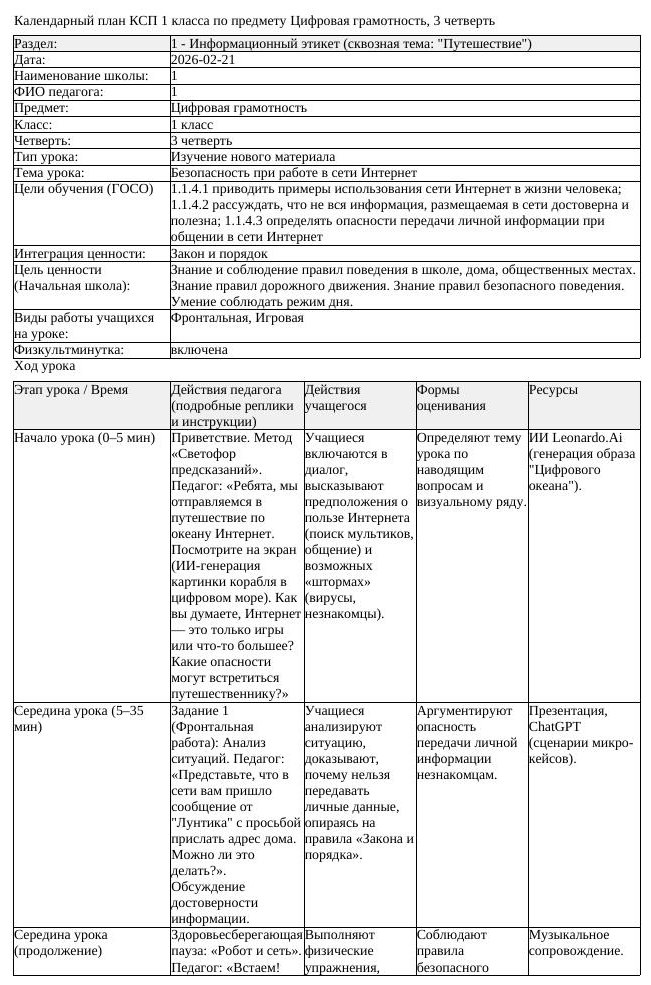 КСП Цифровая грамотность 1 класс 3 четверть Безопасность при работе
