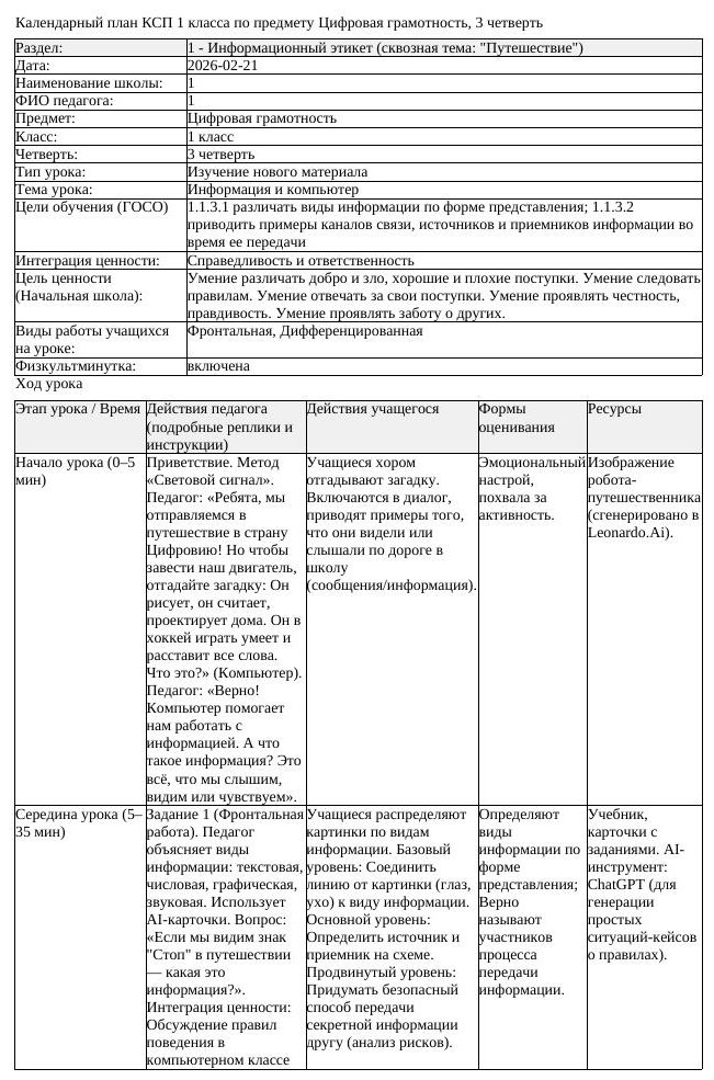 КСП Цифровая грамотность 1 класс 3 четверть Информация и компьютер