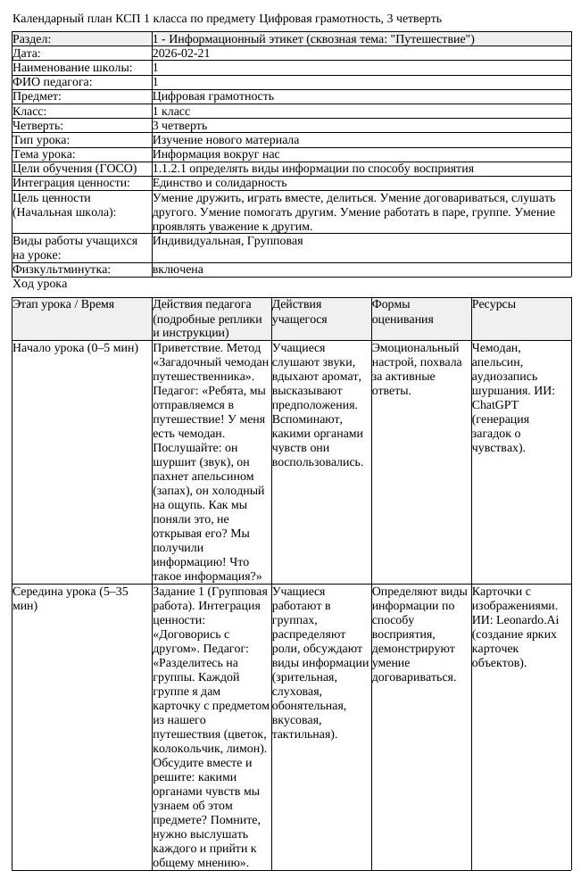 КСП Цифровая грамотность 1 класс 3 четверть Информация вокруг нас